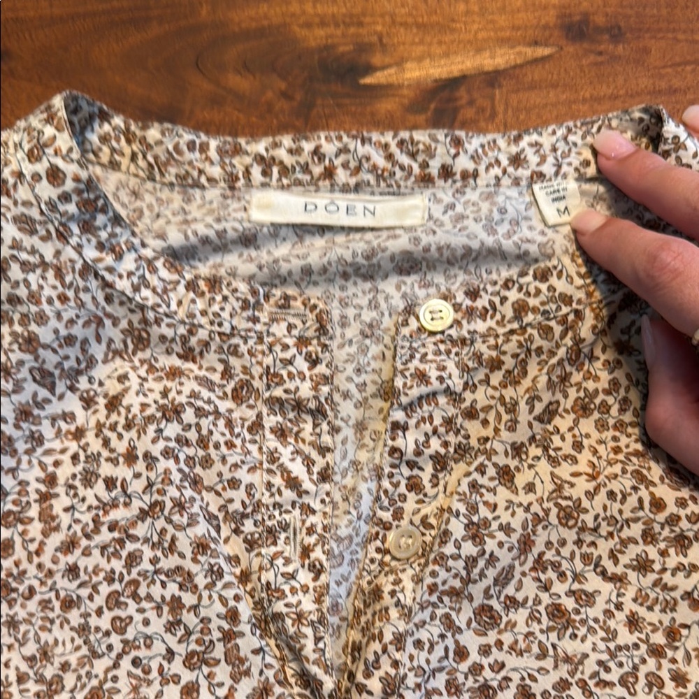 Doen Brown and Cream Button Down Blouse with Mandarin Collar
